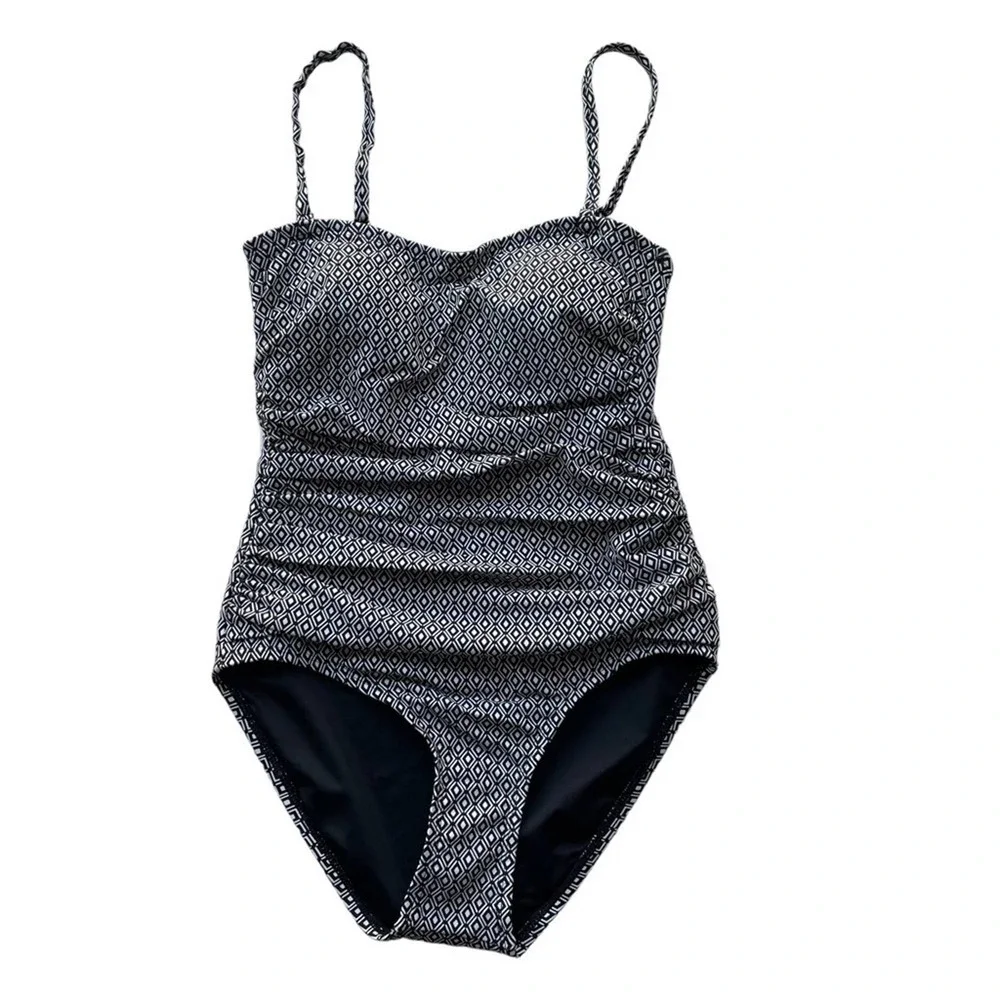 DKNY Swimsuit One Piece Black White Geo Small Bandeau UPF SPF Stretch Straps - Picture 3 of 7